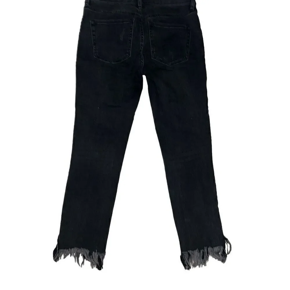 Free People Faded Black Skinny Denim Jeans Fringe Distressed Chewed Hem Sz 27